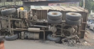 Stone-Laden Hyva Truck Overturns in Pimpri; Two-Wheeler Damaged, No Casualties
